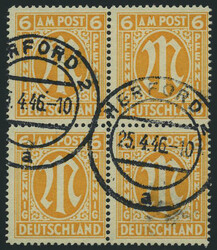 6 Pf. AM-Post 1945, englischer Druck, gezähnt "C = 14 1/4 : 14 3/4", ...